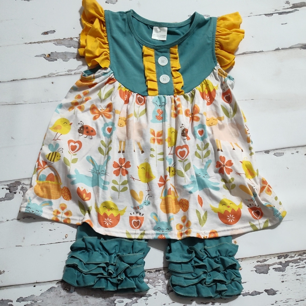 Colorful Toddler Tunic Dress with Ruffled Short Spring Easter Print